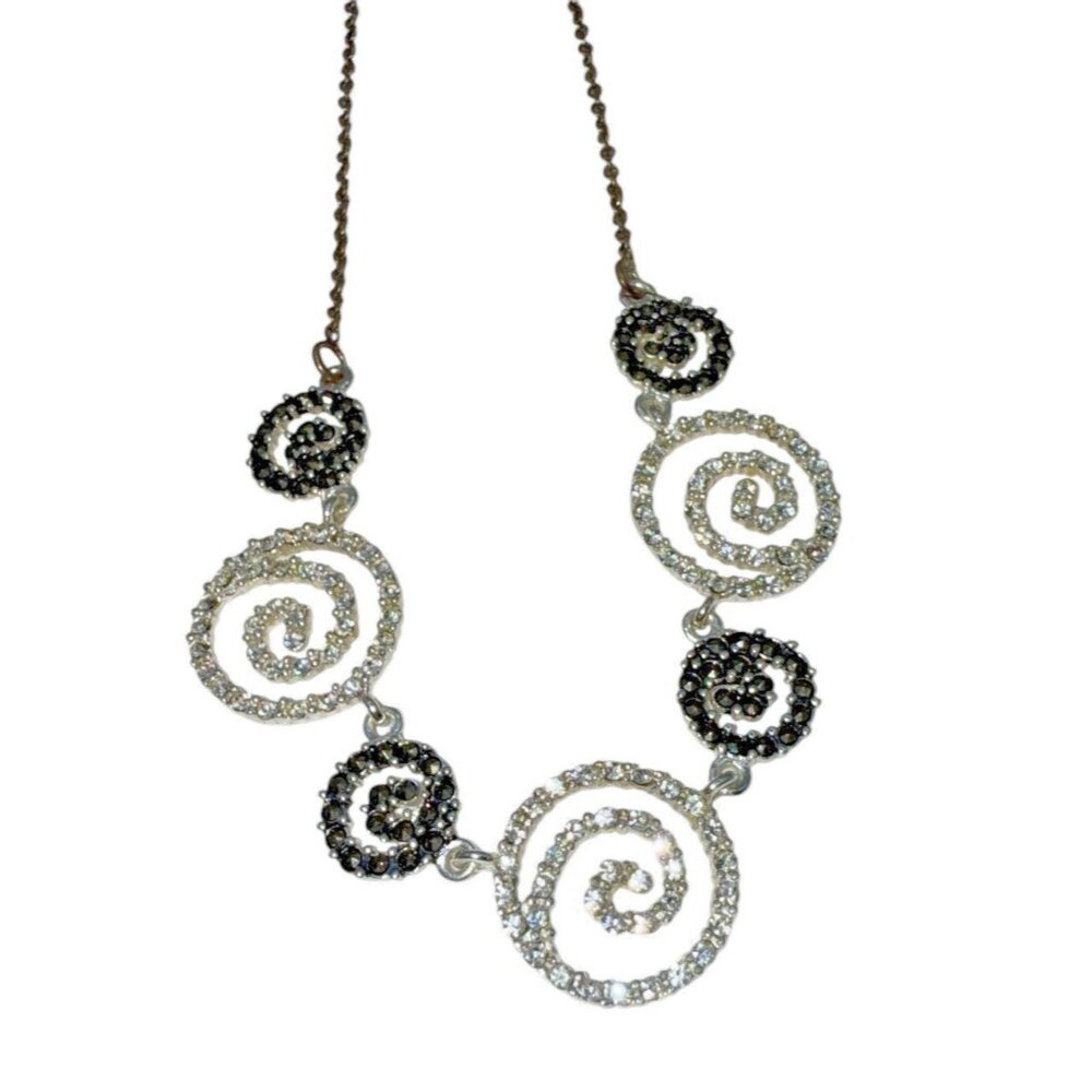 Silver Clear & Smoky Gray Black Rhinestone Necklace Swirl Feminine Dainty Prom - Picture 2 of 3